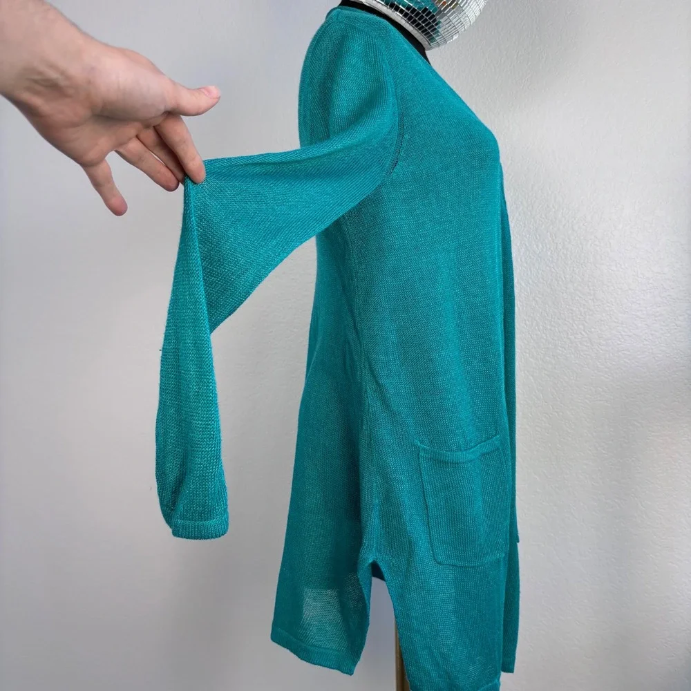 J. Jill Linen Blend‎ Open Front Cardigan, Petite Medium, Teal Coastal beachy